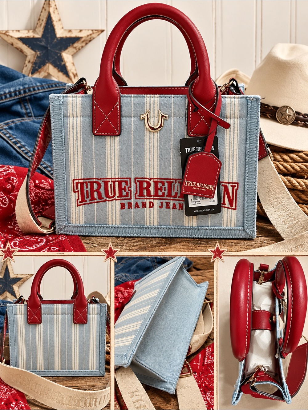True Religion Red & Light Denim Striped Satchel